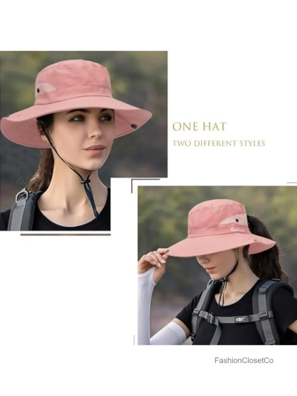 Wide Brim Mesh Bucket Hat with Ponytail Hole